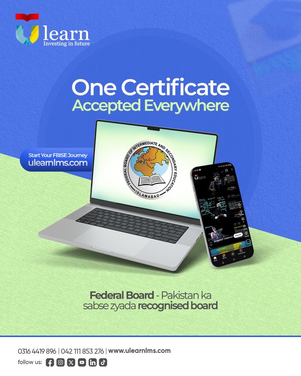 ulearnonlineedu's tweet photo. Your FBISE certificate works everywhere  in Pakistan and abroad.
No equivalence issues. Accepted everywhere.
Ulearn Pakistan’s first FBISE-registered online college.
9th class admissions open now.

#Ulearn #FBISE #StudyAnywhere #OnlineLearning #AdmissionsOpen https://t.co/iltCxibheo
