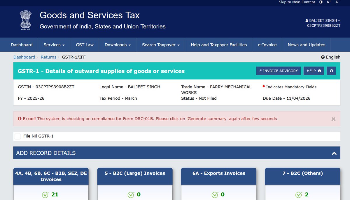 karan_advocate's tweet photo. Observations in cases where system show the Error for DRC01B Compliance but no such notice has been actually issued-March 2026 GSTR1, Today is last date.

G-202604113712737 @Infosys_GSTN @nsitharaman @nsitharamanoffc @cbic_india https://t.co/8XakhASl1I