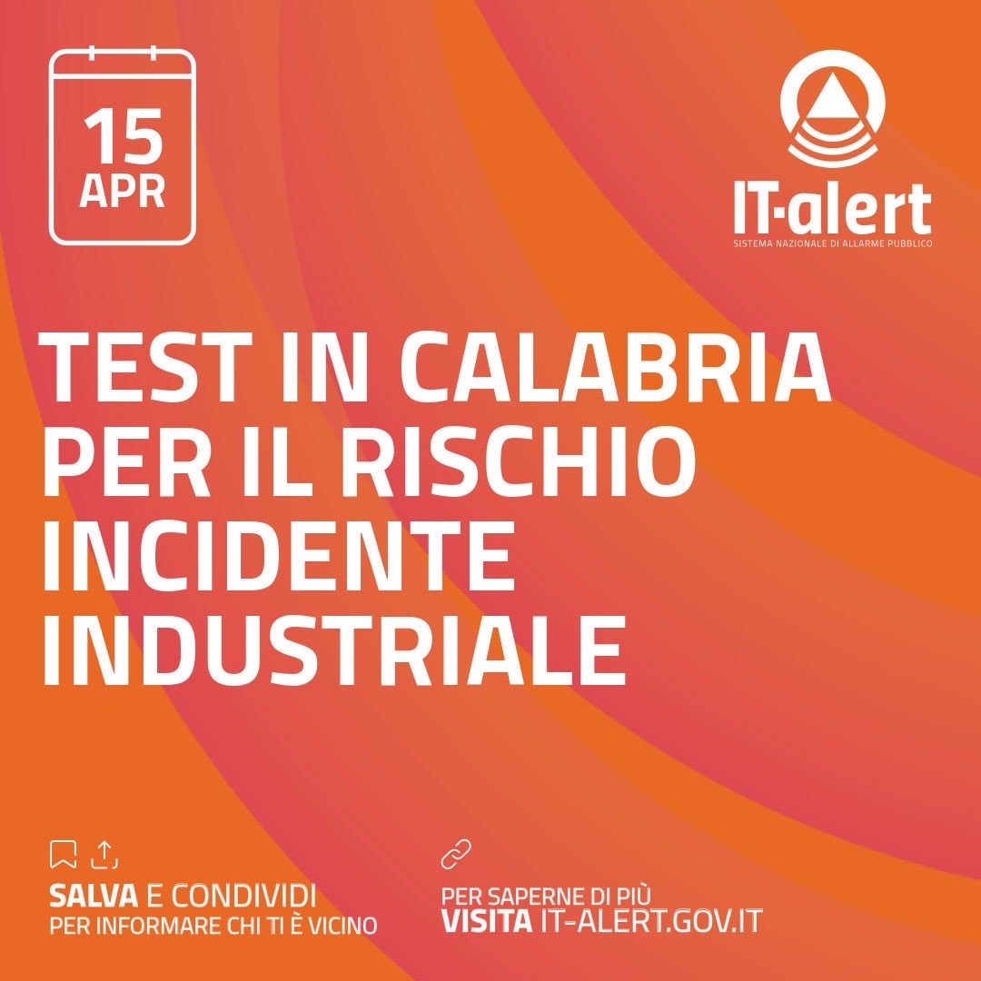 italertgov's tweet photo. #ITalert
🏭 Gli stabilimenti industriali soggetti alla direttiva Seveso continuano a esercitarsi sull’utilizzo del sistema di allarme pubblico.
📲 Il #15aprile un nuovo test in Calabria 👉 https://t.co/FpSI2T9O34 https://t.co/ki0wzbb0Jo