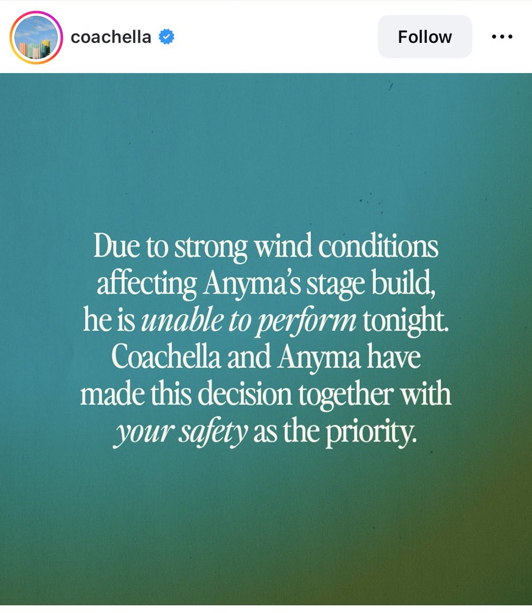 Jeff__Benjamin's tweet image. #Coachella announces that "due to strong wind conditions affecting Anyma's stage build, he is unable to perform tonight" citing safety concerns

Anyma was reportedly bringing Muse, Joji and Lisa as special guests for the set

Bummer :(