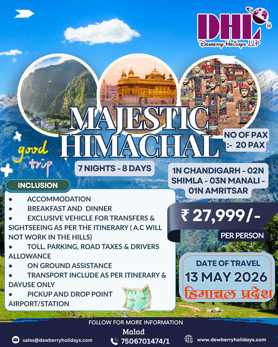 dewberryholiday's tweet image. 🏔️ Majestic Himachal Awaits You! ✨

#himachaltrip #shimlamanali #explorehimachal #himachaldiaries #mountainescape 
#travelindia #grouptours #holidayvibes #wanderlustindia #ɪɴᴄʀᴇᴅɪʙʟᴇɪɴᴅɪᴀ #dewberryholidays #dewberryholidaysllp #traveldealsindia