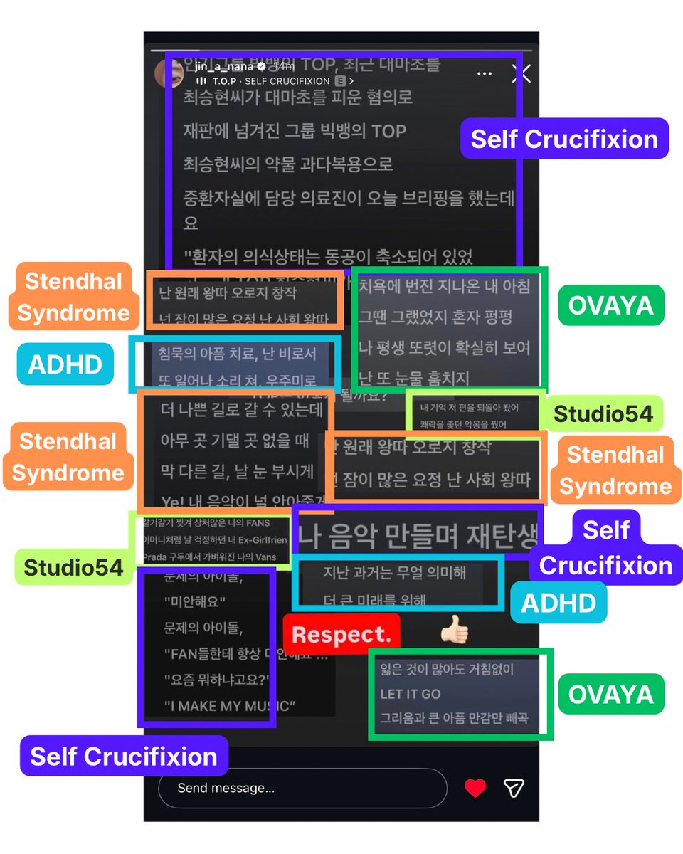 puTOPinamo's tweet image. NANA’s IG Story 

“Respect. 👍🏻”

It’s a collage containing lyrics of SELF CRUCIFIXION, STENDHAL SYNDROME, ADHD, OVAYA, and  STUDIO54 .🥹

T.O.P ANOTHER DIMENSION OUT NOW
#WelcomeToAnotherDimension
#ANOTHER_DIMENSION
#TOP #탑 #최승현 #CHOISEUNGHYUN #TTTOP