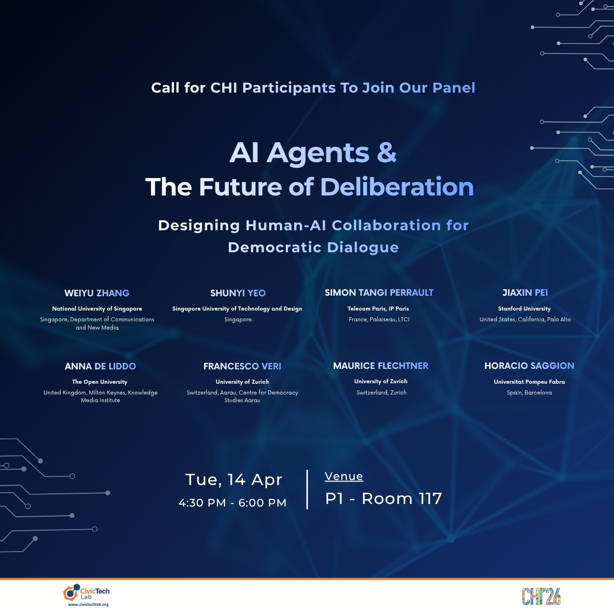 CivictechL's tweet photo. The CivicTech Lab has two interventions to make at #CHI2026. This year, along with long-term collaborators and new ones, we focus on exploring one question: what roles can #AIagents play in public #deliberation? Please come join our panel on 4.14 and check out our poster on 4.15! https://t.co/laq5hwNGJR