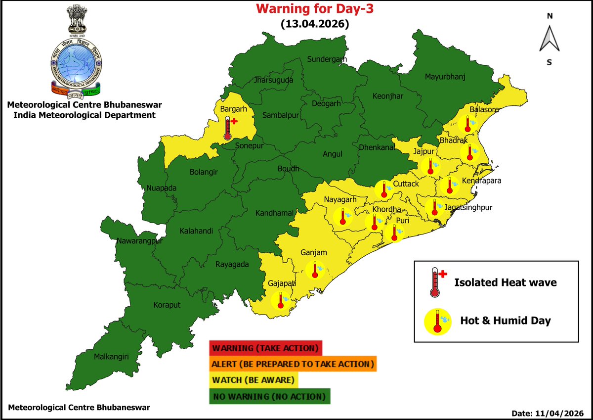 mcbbsr's tweet image. Warning for the State.
Day-1 : Isolated Thunderstorm, Lightning &amp;amp; Gusty Wind Warning.
Day-3 to Day-5 : Heat Wave Warning.
Day-1 to Day-7 : Hot and Humid Warning.
#Thunder #heatwave #lightning #Warning #Odisha #odishaweather #WeatherUpdate