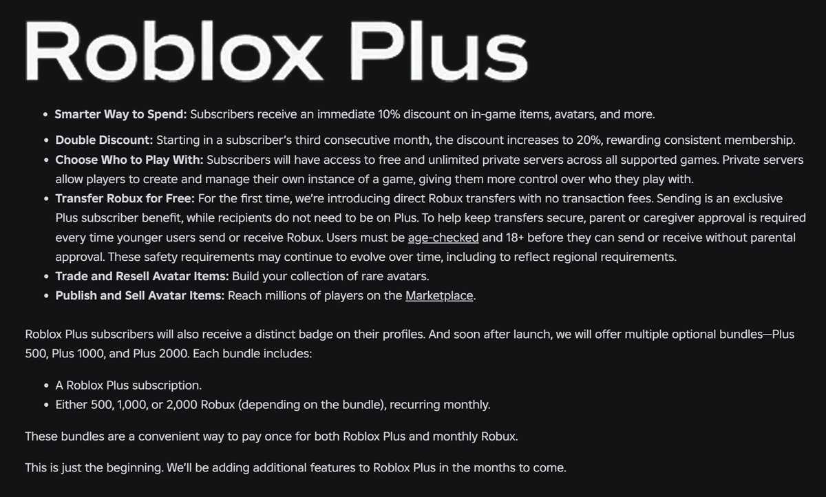 RobloxGameMedia's tweet photo. Roblox Premium is Being Replaced with ‘Roblox Plus’ 😱

>FREE private servers
>10% discount on all items (20% after three months)
> Send Robux to friends with 0 Fees!

Do you Prefer Roblox Premium or Plus?

Full Article > https://t.co/UnfuZvU4SP https://t.co/fge8yeIl1G