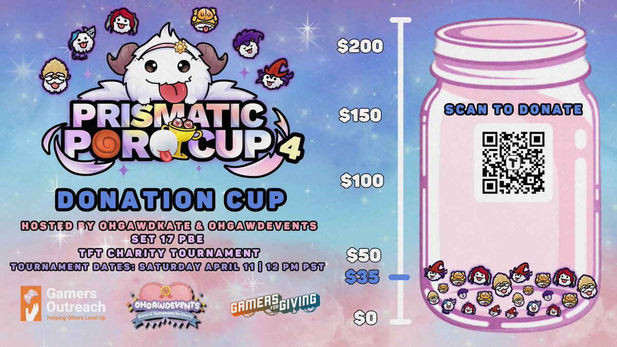 ohgawdkate's tweet photo. 💠 PRISMATIC PORO CUP 4 DONATION CUP 💠

Our Set 17 PBE TFT Charity Tournament kicks off in just a few hours, and the donation jar is officially open as we raise funds for @GamersOutreach!🎮

This event is part of Gamers for Giving 2026, supporting a cause dedicated to providing hospitalized children with gaming equipment to reduce stress, ease isolation, and bring moments of joy during difficult times. Every contribution helps bring comfort and connection through play! 🫶

⭐ Tournament Date: Saturday April 11 @ 12 PM PST
🎮Gamers Outreach: https://t.co/fCdmPUn73d
📺 Watch Live: https://t.co/dWWWeDtJ9J
💛 Donate: https://t.co/Ta3qdyfGlK

#OHGAWDEVENTS | #PRISMATICPOROCUP | #TFT | #SET17 | #CHARITY | #GFG2026