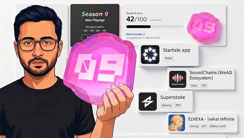 Soneium Score Season 9
The new season started

<a href="/soneium/">Soneium 💿</a> 9 All tasks:

1) Startale app  <a href="/StartaleApp/">Startale App</a>
 - Send Daily GM 9 times.
- Invite 1 friend to Startale App with your referral code.
- Complete swap for a minimum of 1 USDSC

2) SoundChains (WeAD Ecosystem)  <a href="/weadvertizers/">WeAD, We ADvertise Community Channel</a>
 -