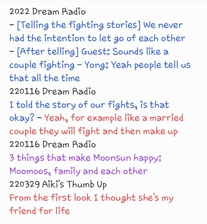 Currently in my Moonsun hyperfixation episode and here's what i remember them saying to/about each other throughout the years that make me 🤨🏳️‍🌈❓️
Red: Byul, Blue: Yong, Purple: both (1/2)