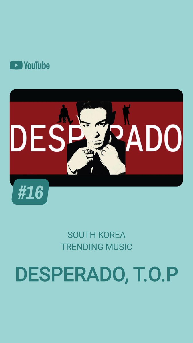 BIGBANGMusic_'s tweet image. [YouTube]

South Korea Trending Music 🔥

#⃣6 Studio54 (MV) *new peak
#⃣16 DESPERADO (MV) *peak: 8

@topspot_pic @topsx_jp_ofc

#WelcomeToAnotherDimension
#ANOTHER_DIMENSION
#TOP #TTTOP