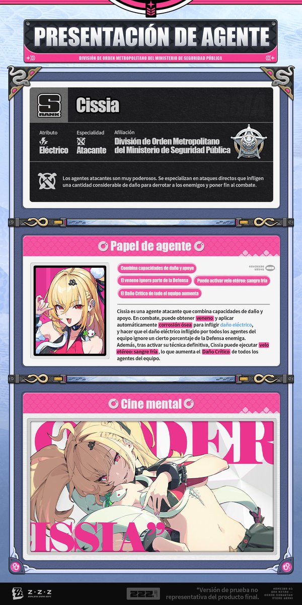 ZZZ_ES's tweet image. Mecánicas de agente: Cissia

La actualización está a punto de finalizar...
El registro de datos de combate de la agente Cissia se ha almacenado en la base de datos. Análisis de la información principal completado. Ya puede consultar los datos.
«Puedo sentirlo, los ratoncitos