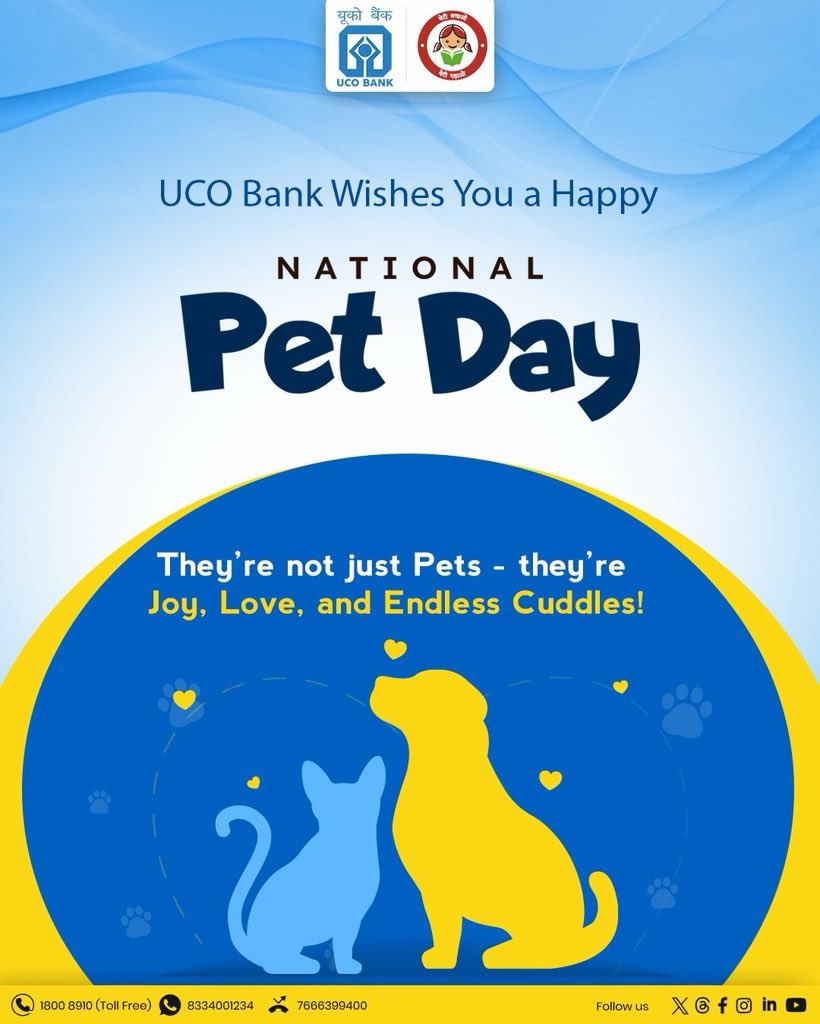 UCOBankOfficial's tweet image. Not just pets, they’re family, love, and our everyday happiness 💛🐾
#NationalPetDay #PetLove #FurryFriends #UnconditionalLove #PetParents