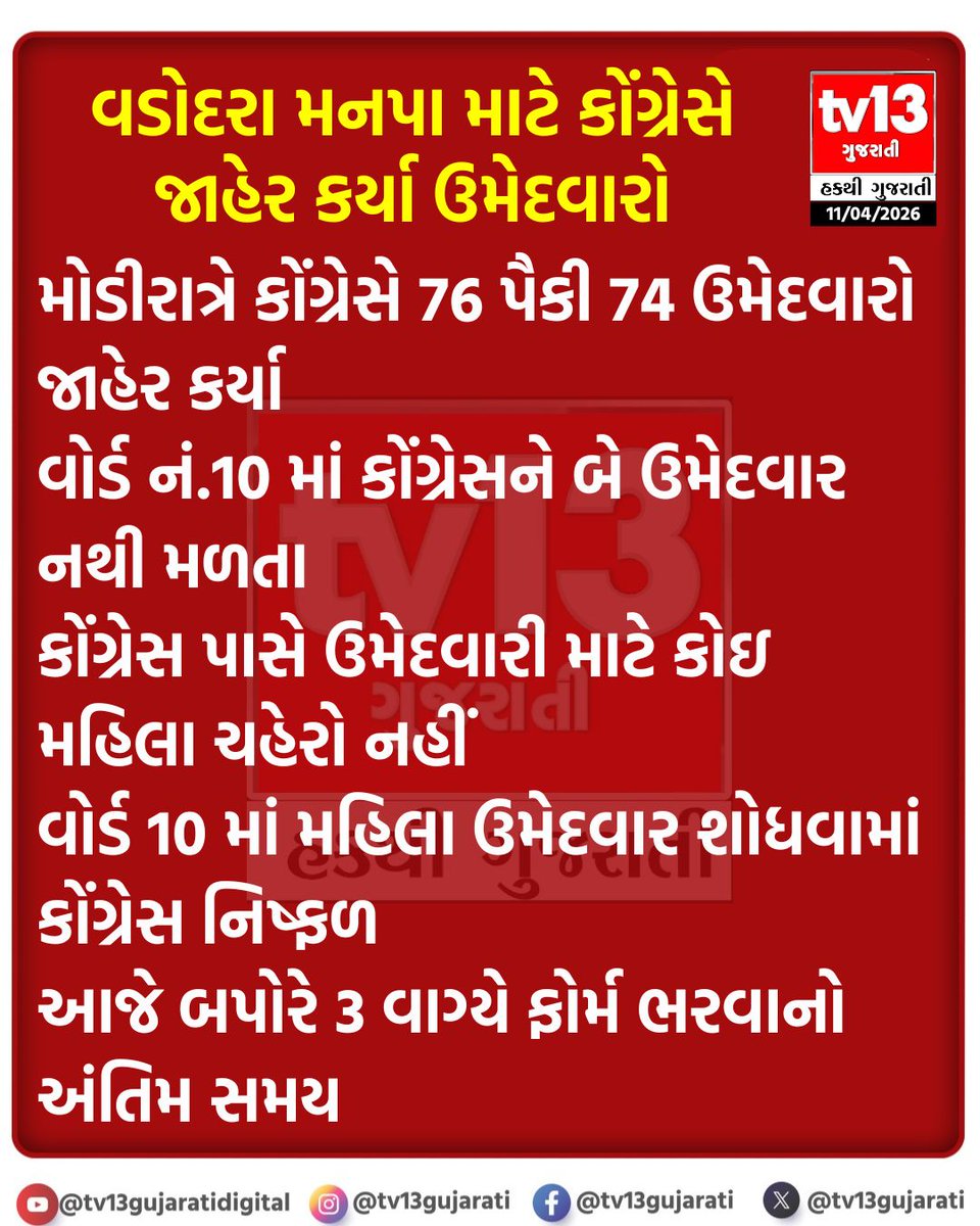 tv13gujarati's tweet photo. વડોદરા મનપા માટે કોંગ્રેસે જાહેર કર્યા ઉમેદવારો
મોડીરાત્રે કોંગ્રેસે 76 પૈકી 74 ઉમેદવારો જાહેર કર્યા 

#VMC #Congress #CandidateList #Election #tv13gujarati https://t.co/6KwvP4DaCx
