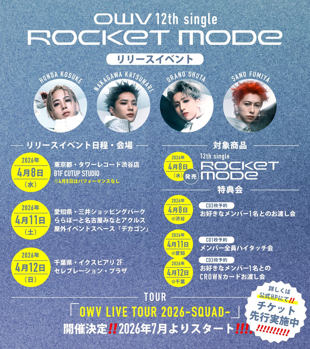 owv_official's tweet photo. /／ 
このあと13:00〜
12th single『ROCKET MODE』
リリースイベント in 愛知 🚀
\＼

本日は🌟
三井ショッピングパークららぽーと名古屋みなとアクルス屋外イベントスペース「デカゴン」
🔗 https://t.co/4RbaO3WFbj

❤️💜#OWV 結成記念日 & #本田康祐 BD 💛💙

OWVと一緒に楽しみましょう✨

#OWV_ROCKETMODE