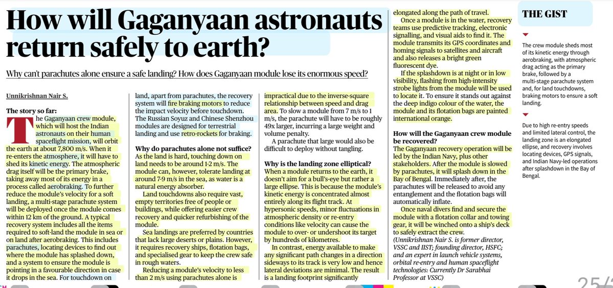 upscnetwork4's tweet image. How will Gaganyaan Astronauts return safely to Earth?

:Explained by Unnikrishnan Nair S. Sir
#Ganganyaan #HumanSpaceflightMission #astronauts #EarthReentry #Landing #Atmosphere #KineticEnergy #AeroBraking #FireBrakingMotors #RetroRockets
#CrewLanding #Parachutes

#UPSC
Source:TH