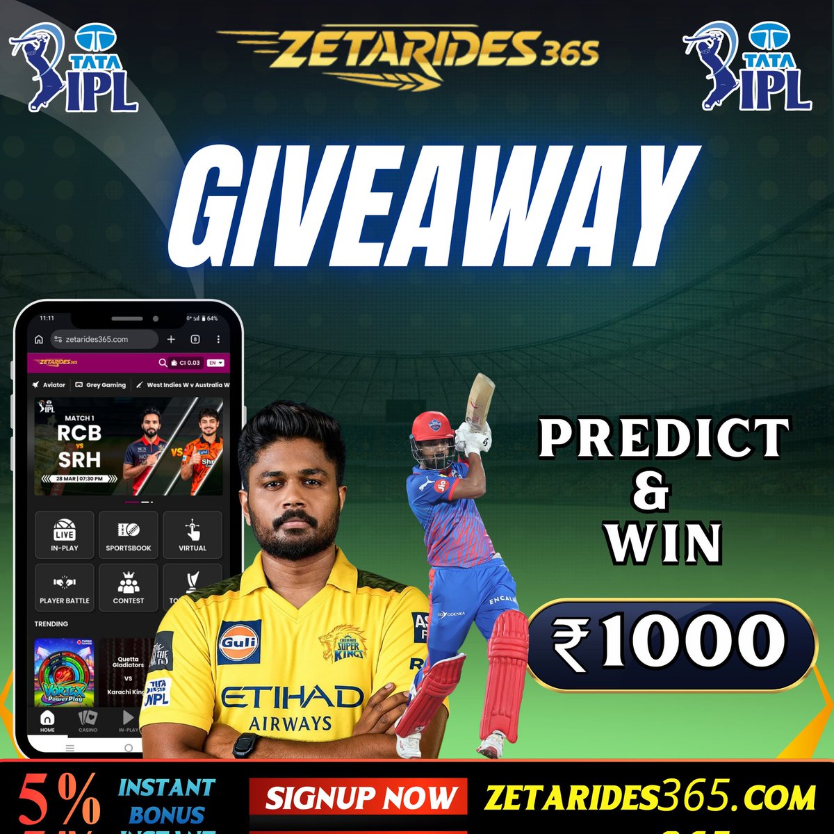zetarides365's tweet photo. GIVEAWAY ALERT🎁

- IPL 2026 MATCH NO  - 17
- CSK VS DC  

Sanjuuu And KL Rahul Exact Runs 

Predict To Win Get 2000 Rupees    Members 💰💰

Rules:
🟢Must id Open on https://t.co/FwiP2Dqcio
🔁 Like And Repost &amp; Follow 

#Zetarides365  #Giveaway #CSKvsRCB https://t.co/rvPd59GRMH