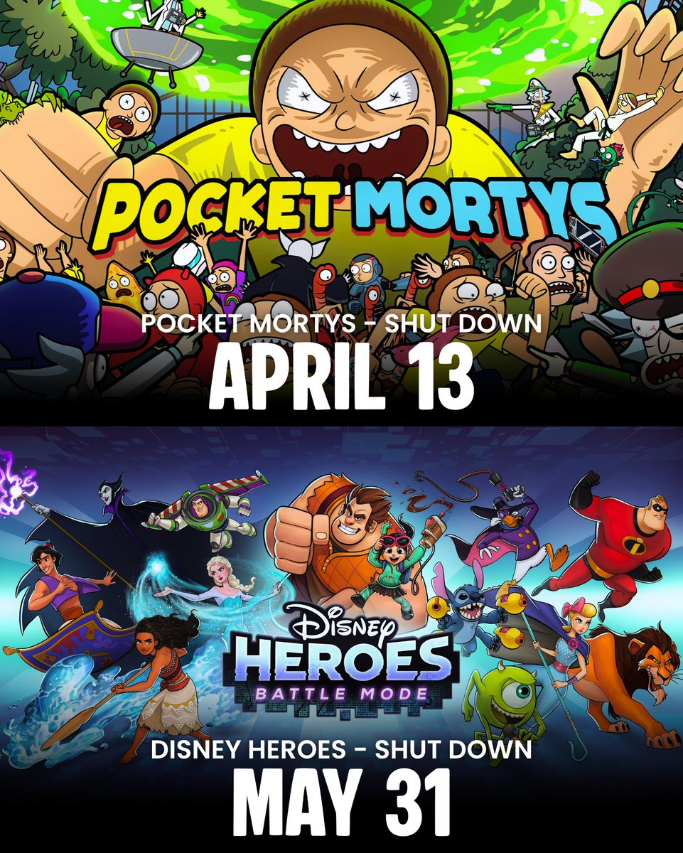 TheCartoonBase's tweet photo. ‘POCKET MORTYS’ and ‘DISNEY HEROES’ are both getting shut down this April and May. https://t.co/bFBtz5pXjE