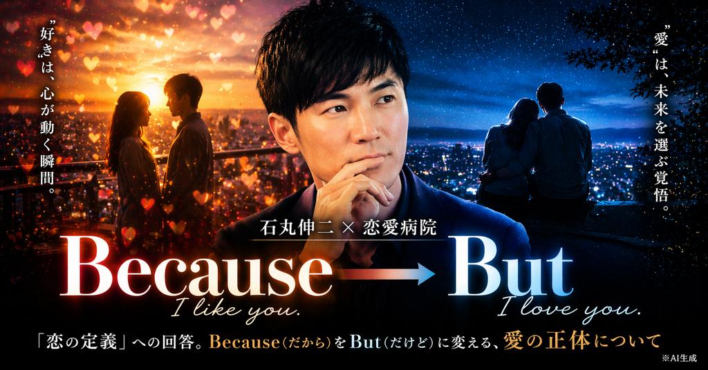 【石丸伸二×恋愛病院】「恋の定義」への回答。石丸さんが投じた「恋の定義」という難問。僕なりに考え抜いた結果、一つの結論に辿り着いた。「だから(Because)」を「だけど(But)」に変える、愛の正体について。続きはプロフのnoteで。  #恋愛病院 #石丸伸二