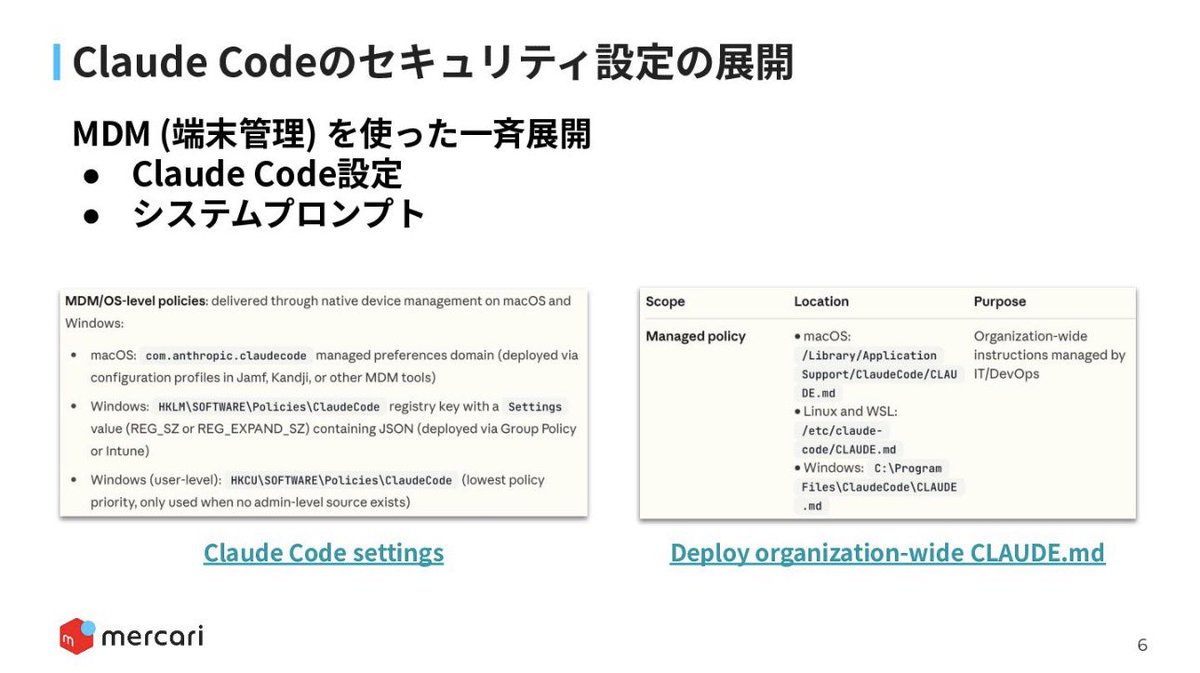 Claude Codeを組織的に安全に使うメルカリのメソッドが公開された。

「Claude Code入れてくれ」って社内で声があがるけど、どうやって安全に導入したらいいか分からない情シスの担当者は、とりあえず見ておくべき。