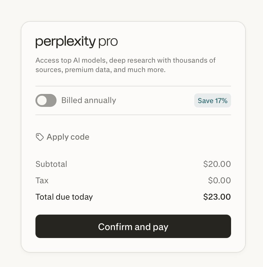travistroya's tweet photo. @perplexity_ai where does the extra $3 charge come from?  I am assuming tax, but your checkout site isn't working/updating properly if it is. https://t.co/pv9Us2KYW2