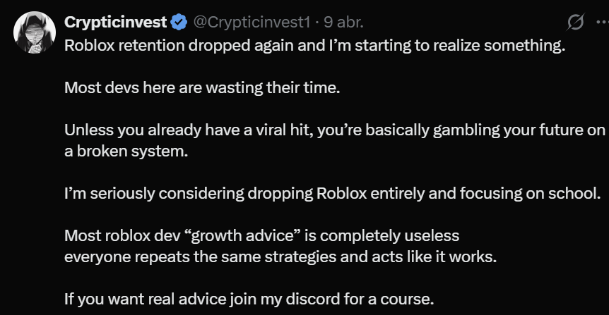 IngeErnn's tweet photo. @Crypticinvest1 Ngl, you gotta stop posting this garbage. You’re selling useless courses the whole time and then turning around saying Roblox isn’t profitable. Please, drop Roblox for a bit; everyone would appreciate it. https://t.co/LMSE6ABb70