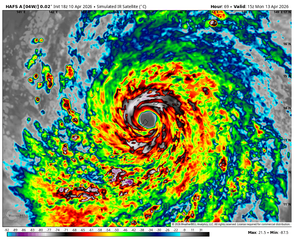 NbergWX's tweet photo. I mean, WOW is justified. Guam may take one of or its strongest typhoons on record Monday next week if HAFS is correct.

Drops the intense eye over the northern half of Guam. There are about 7,000 U.S. troops stationed there, and a population of around 170,000. Building codes are strong, many concrete buildings and homes to withstand 150 MPH winds. Those building codes may be put to the test Monday.

There has been a slight trend north with the eye/track of the super typhoon, which could make the impact a tad less extreme if that continues. Mean of all the models is just on the northern tip of Guam.