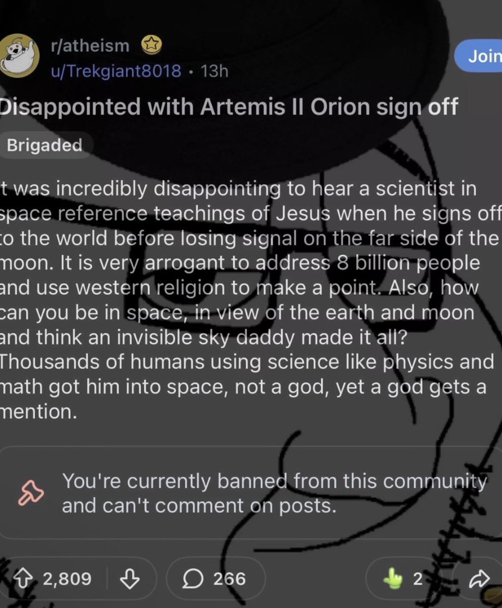 VinceDaoTV's tweet photo. Reddit is seething because the Artemis astronauts said Jesus’ name in space.

They claim it was “western” and not inclusive.

2.8k upvotes. https://t.co/FLDmTYsNe5