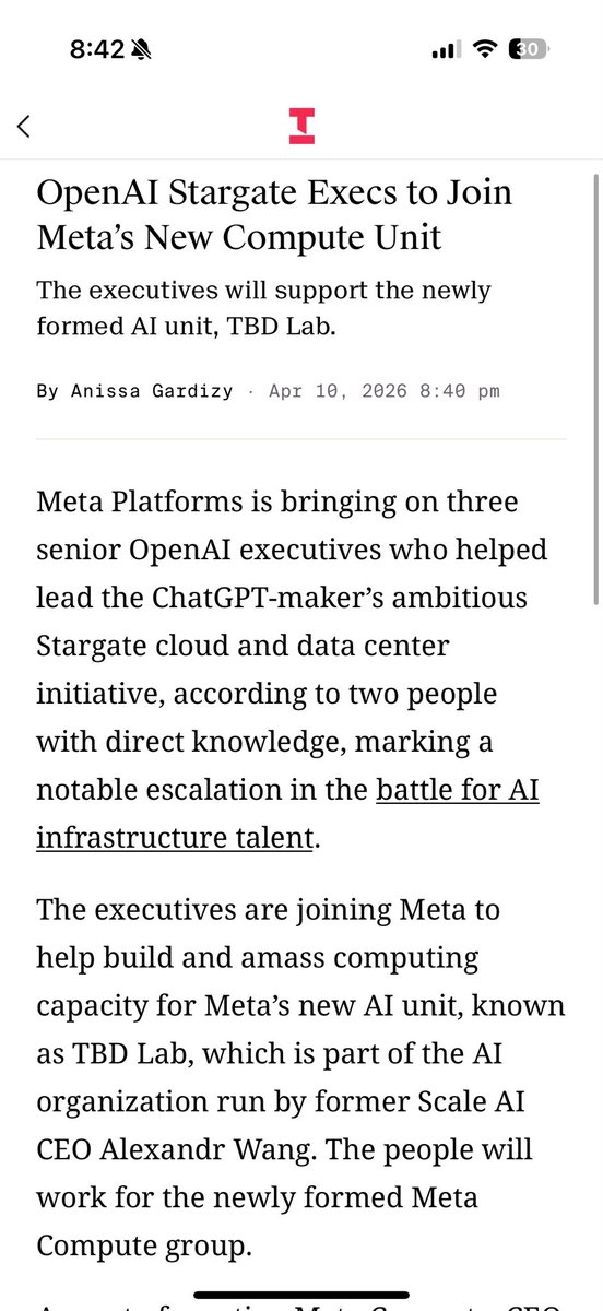 anissagardizy8's tweet image. NEW: The infrastructure execs who left OAI’s Stargate team are headed to…Meta Compute!

We first reported on their departures + plans to join the same company. 

They will work on infrastructure for Meta’s “TBD Labs” — which sits within Meta Superintelligence Labs

More: