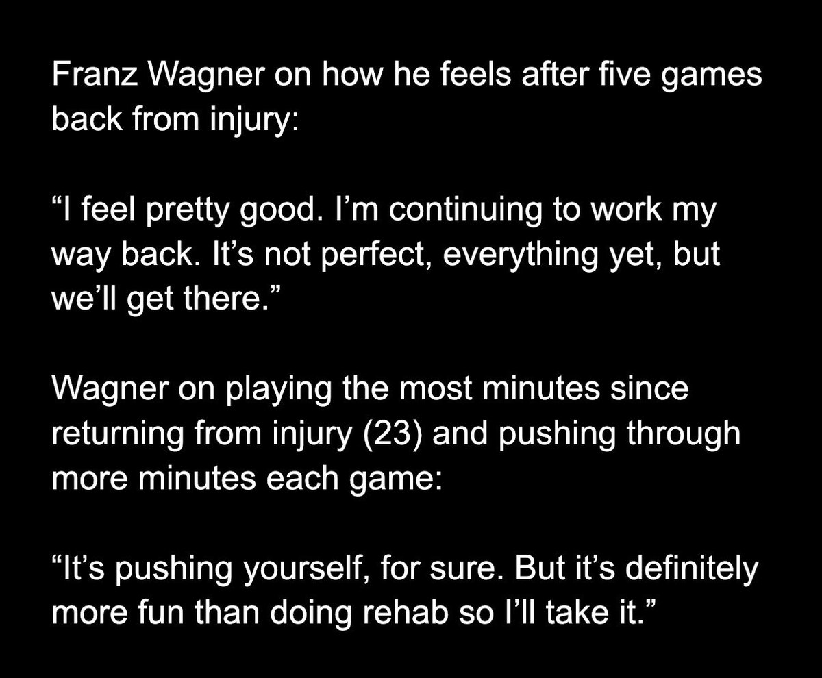 therealBeede's tweet image. #Magic forward Franz Wagner played his most minutes (23) and scored his most points (25) since returning from injury April 1:

“I feel pretty good,” he said.

He later added: “It’s pushing yourself, for sure. But it’s definitely more fun than doing rehab so I’ll take it.”

More: