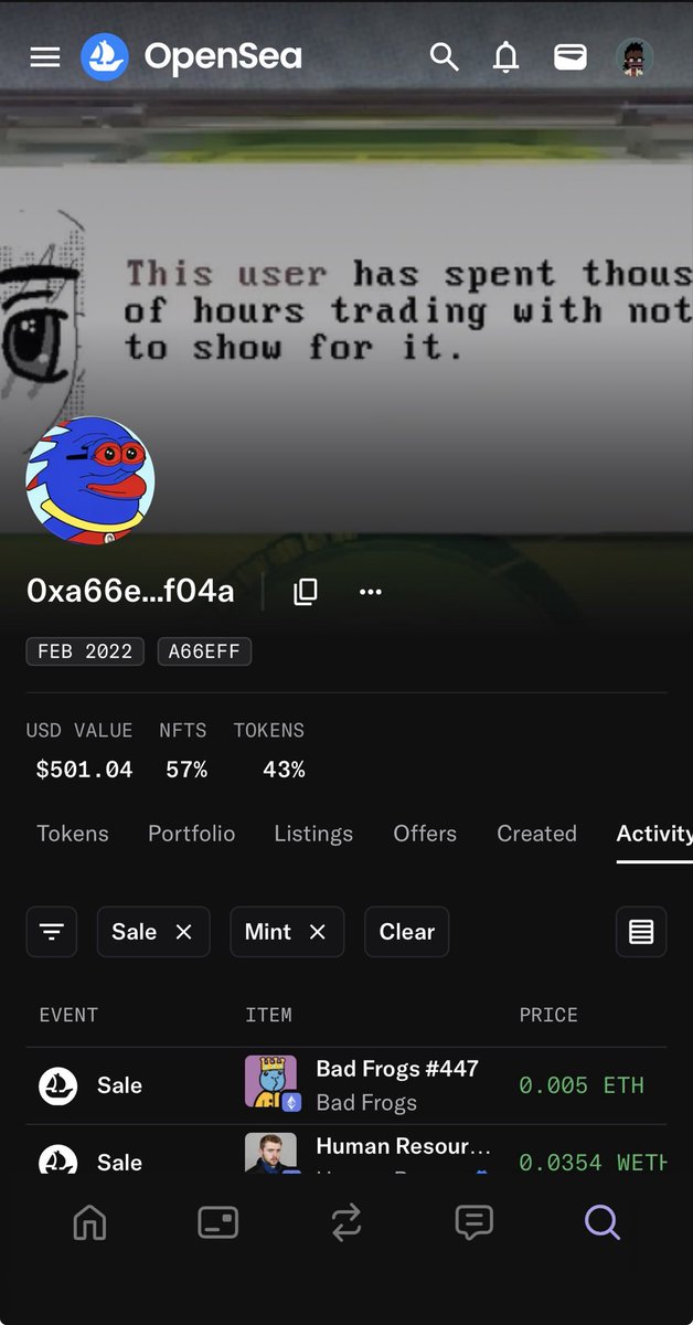 degentonyeth's tweet image. Sweept more @BadFrogs1744 🧹
and found this epic Crown 👑

This chad or should i say 🤡?!? 
..scrolled a bit in his history and saw he sells literally everything on loss 😆 
Whats wrong with you?!?