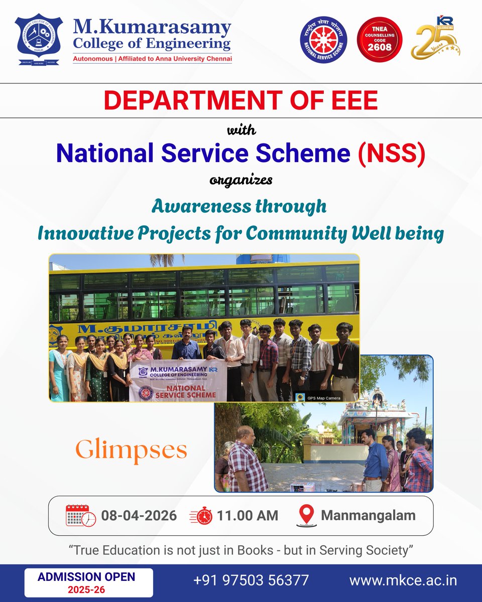 mkcekarur's tweet photo. ⚡️ POWERING CHANGE BEYOND CLASSROOMS ⚡️

The Department of EEE, together with NSS, stepped beyond textbooks to spark real impact 🔥

📍 Manmangalam
🗓️ April 8, 2026

#PowerOfYouth #NSSIndia #EngineeringForChange #EEE #FutureEngineers #SocialImpact #CommunityFirst #Innovation https://t.co/qA9m9ZNkja