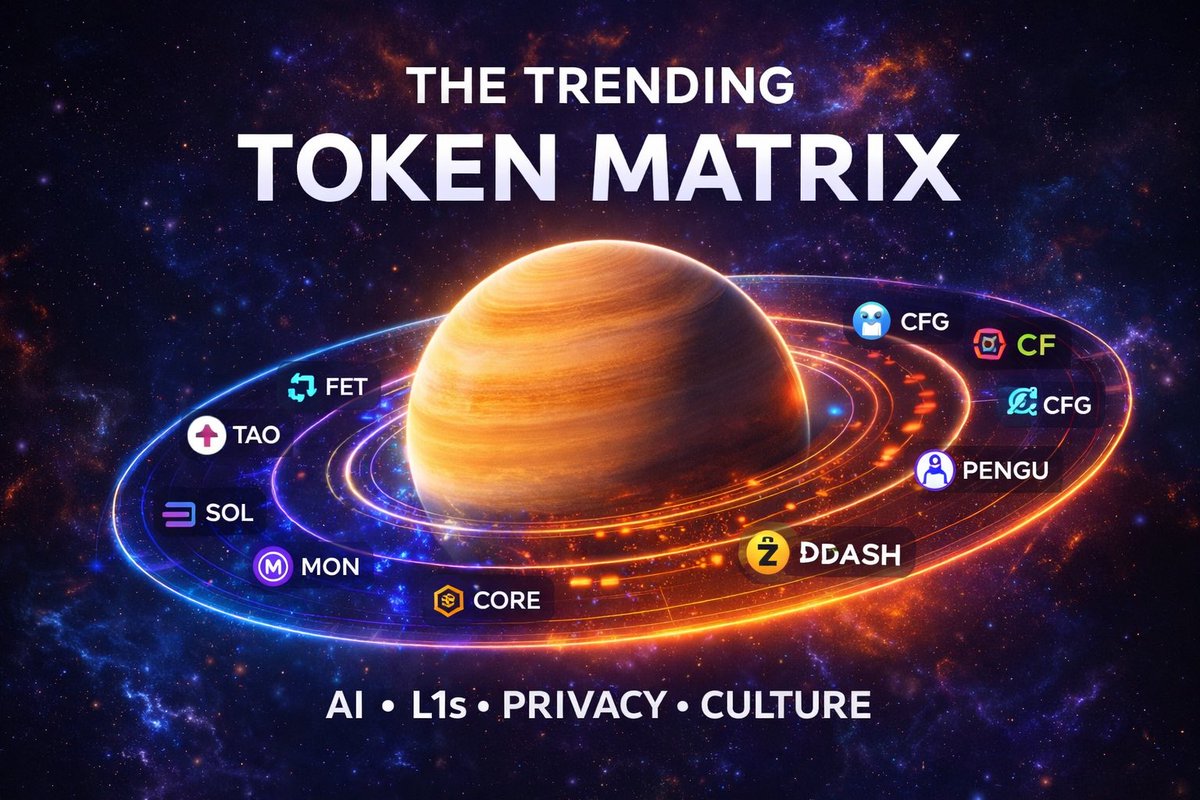 MaxCrypto888's tweet photo. 1/5

THE TRENDING TOKEN MATRIX 🧠

CT attention is splitting across multiple narratives right now.

$TAO $FET $SOL $MON $CORE $ZEC $DASH $CFG $PENGU $RAVE $VVV $OVPP $PI

AI • L1 infrastructure • privacy coins • culture tokens

This usually appears in the early phase of altseason.