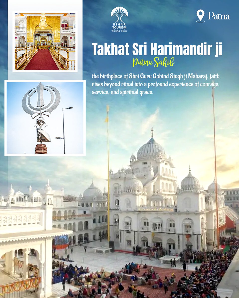 TourismBiharGov's tweet image. In the heart of Patna lies Takht Sri Harmandir Sahib one of the revered Panj Takhts, blessed by the presence of three Sikh Gurus, radiating purity, serenity, and deep devotion in its pristine white marble grandeur.

#TakhtSriHarmandirSahib #Patna #Bihar #Exploremore #BiharTourism