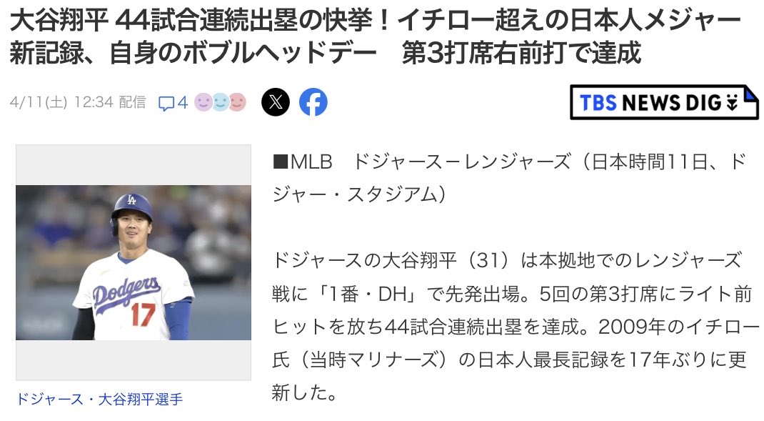 大谷翔平 44試合連続出塁の快挙！イチロー超えの日本人メジャー新記録