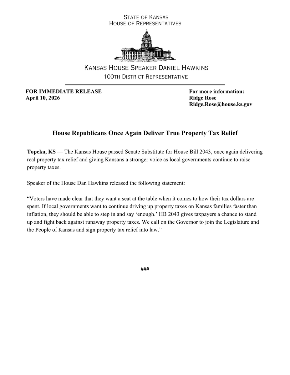 DanHawkinsKS's tweet image. Once again, the Kansas Legislature has passed true property tax relief for the people of Kansas. #ksleg

See my full statement here: