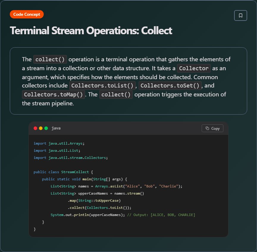 techielearnapp's tweet image. ✨ Terminal Stream Operations: Collect (Java)

#Java #JavaDev #OOP #Backend #100DaysOfCode #DevLife