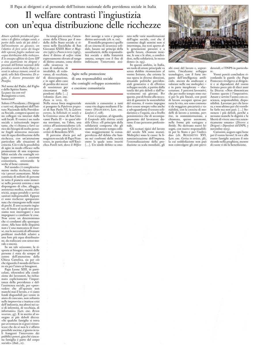 Il welfare contrasti, l’ingiustizia con un’equa distribuzione delle ricchezze
L’esortazione del Papa ai dirigenti e al personale dell’Inps
L’Osservatore Romano