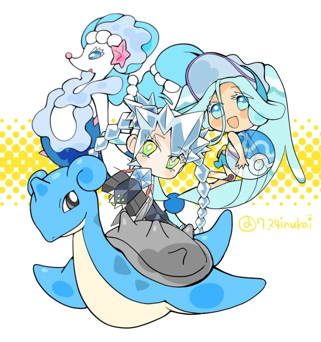 【#犬飼さんの毎日ミニキャラ】 みずタイプ&amp;こおりタイプ ▼ポケミクライブ開催おめでとうイラストの個別のミニキャラ(組み合わせ編)です。