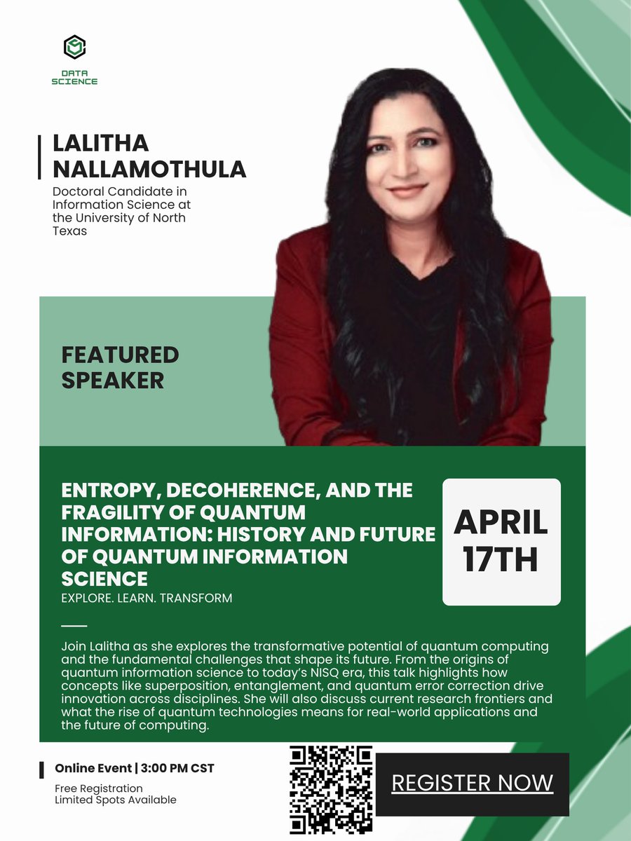 data_unt's tweet photo. 🔬 Online talk!

Lalitha Nallamothula is speaking on the history &amp; future of Quantum Information Science!

📅 Friday, April 17th, 2026
🕒 3 PM CST
💻 Online
🔗 Register: https://t.co/MOgTVYSbvf

#QuantumComputing #DataScience #UNT https://t.co/5V7tQ5LrBM