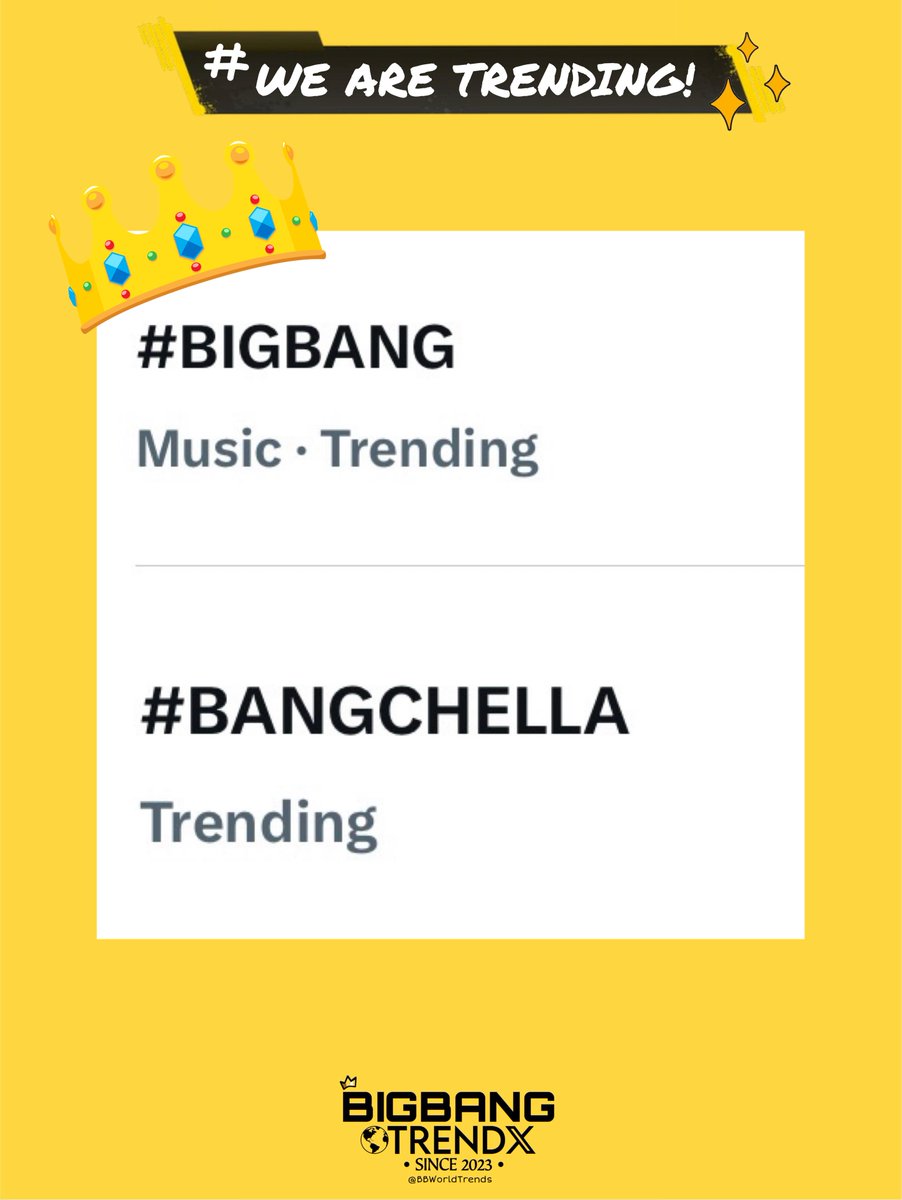 ⚡️TRENDS UPDATE 

GLOBAL VIPS that isn’t obvious yall are super duper hella excited for our BANGS 😅..

#BIGBANG and #BANGCHELLA are still enjoying their spots on Music and Entertainment trending effortlessly 🔥🔥🔥

WE ARE ALL READY FOR BANGCHELLA FOR SURE AYE 👏👏👏

#GDRAGON