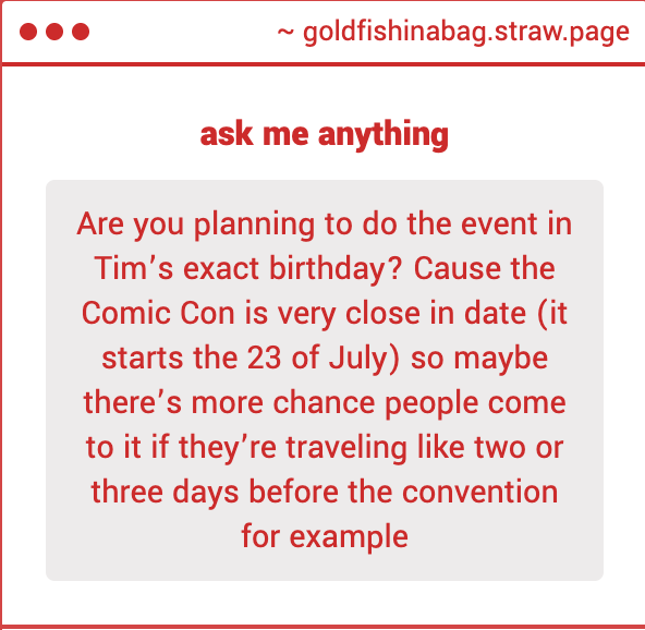 goldfishinabag_'s tweet image. the date is currently up in the air right now, but we're planning to do it as close to tim's birthday (july 19) as possible. ideally that weekend, if not exactly on that date!