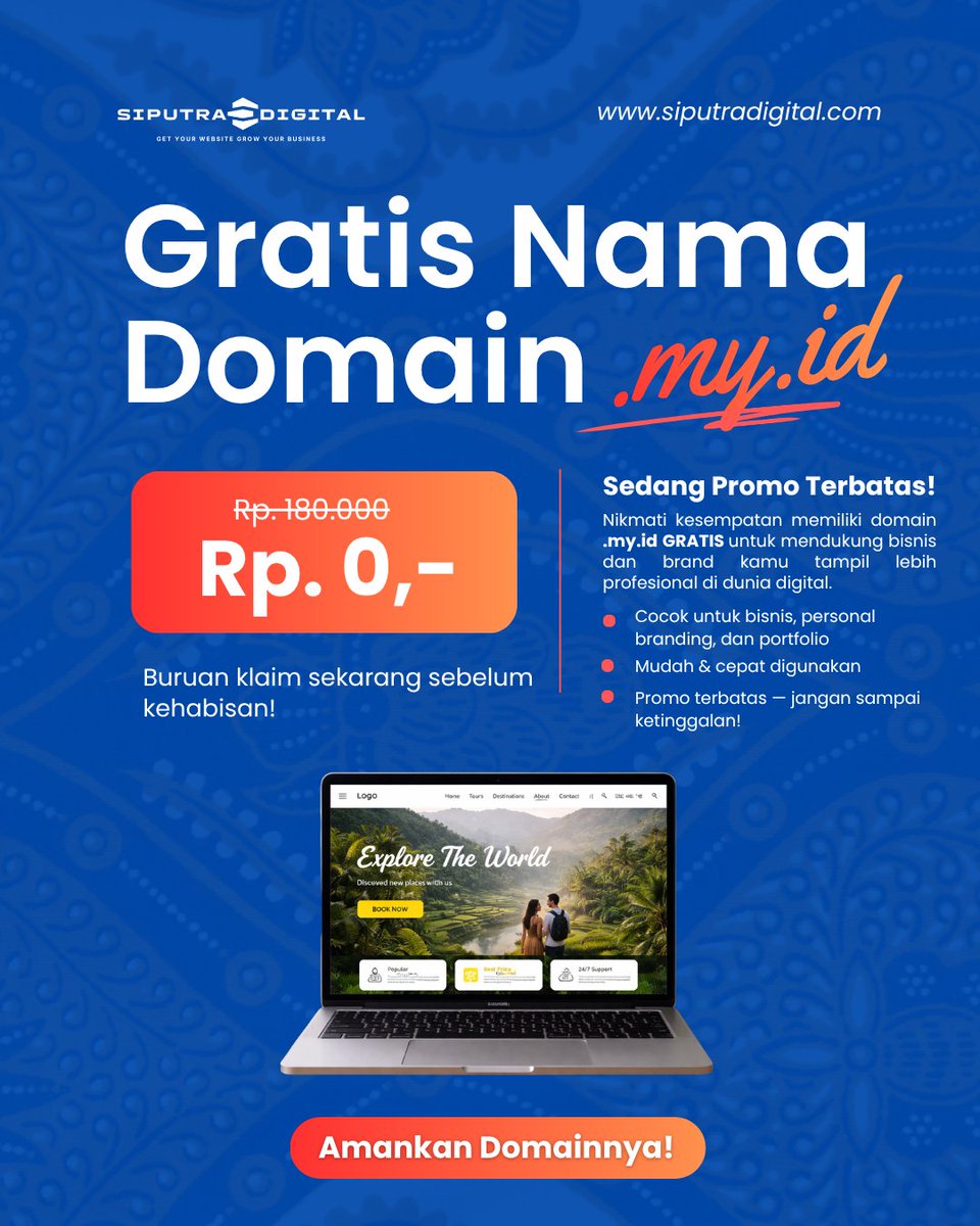 siputradigital's tweet image. Semangat 200% buat bangun bisnis di era digital 💪🔥

Mulai dari yang paling basic: punya domain sendiri!
Sekarang bisa dapet domain .my.id GRATIS 🎉
👉 exputra.id/order

#Semangat200 #BisnisOnline #GoDigital #DomainGratis
