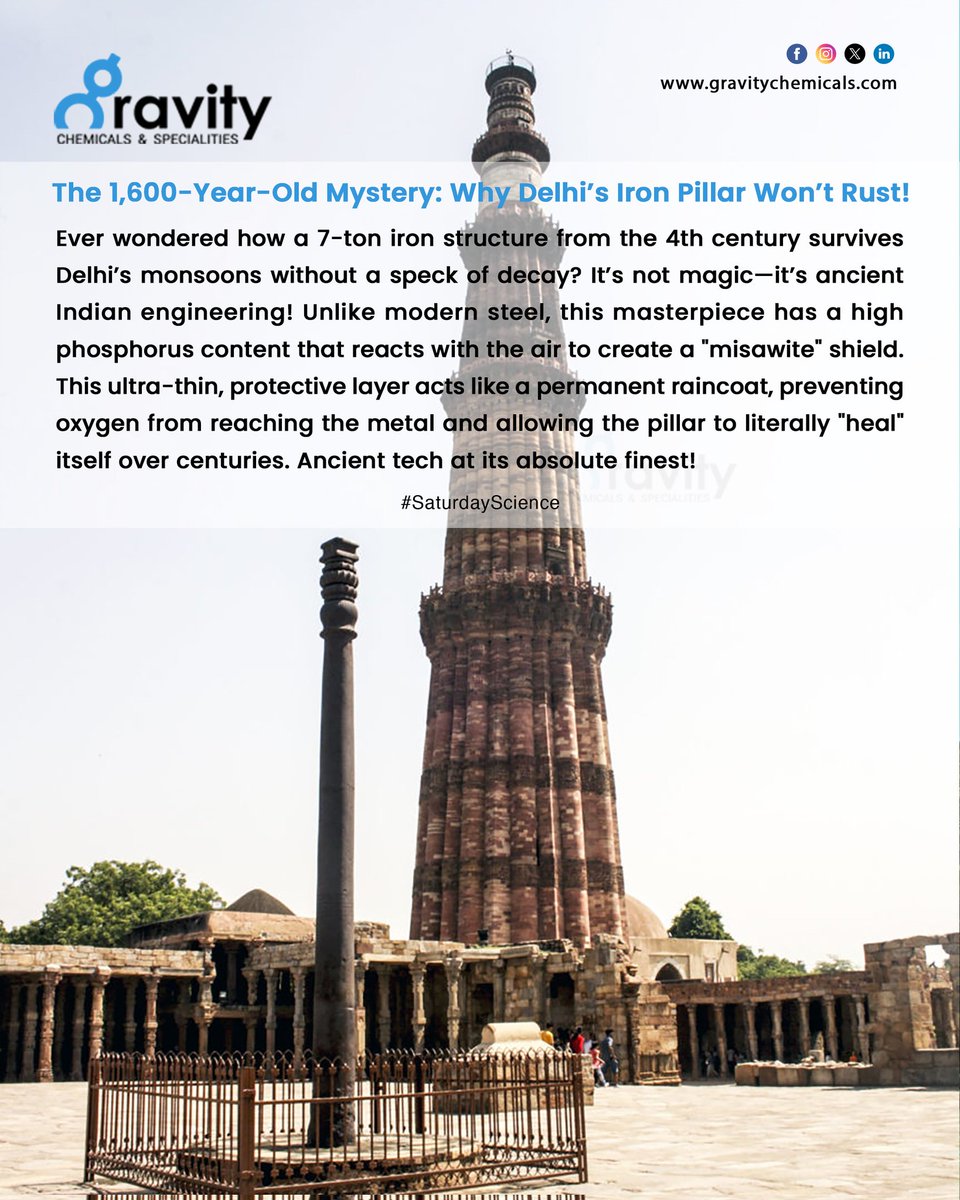 GravityChems's tweet photo. Built in the 4th century, Delhi’s 7-ton Iron Pillar has survived 1,600+ years of monsoons without rusting. 
The secret? Ancient Indian engineers used high phosphorus content to create a "misawite" layer—a self-healing shield that stops corrosion in its tracks. 🇮🇳

#facts https://t.co/UdWPYQiPi0