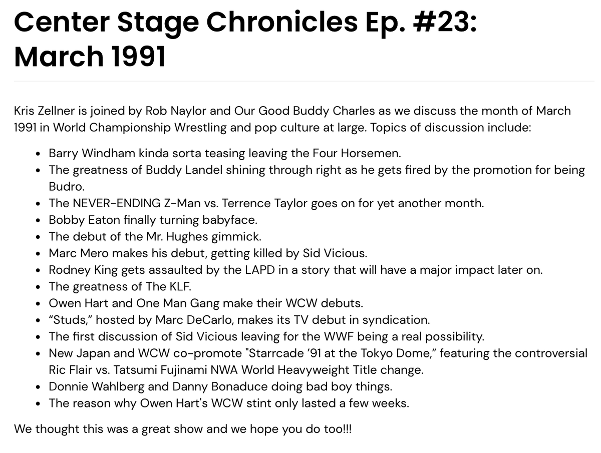 BTSheetsPod's tweet photo. New Center Stage Chronicles on the @BTSheetsPod feed covering March '91! Owen Hart's brief WCW run, Buddy Landel does Budro things, Starrcade '91 in the Tokyo Dome/Japan Supershow I with the infamous split of the WCW &amp; NWA World Heavyweight Titles, &amp; more. https://t.co/W6vm2MoQTf https://t.co/QU4oirCnvD