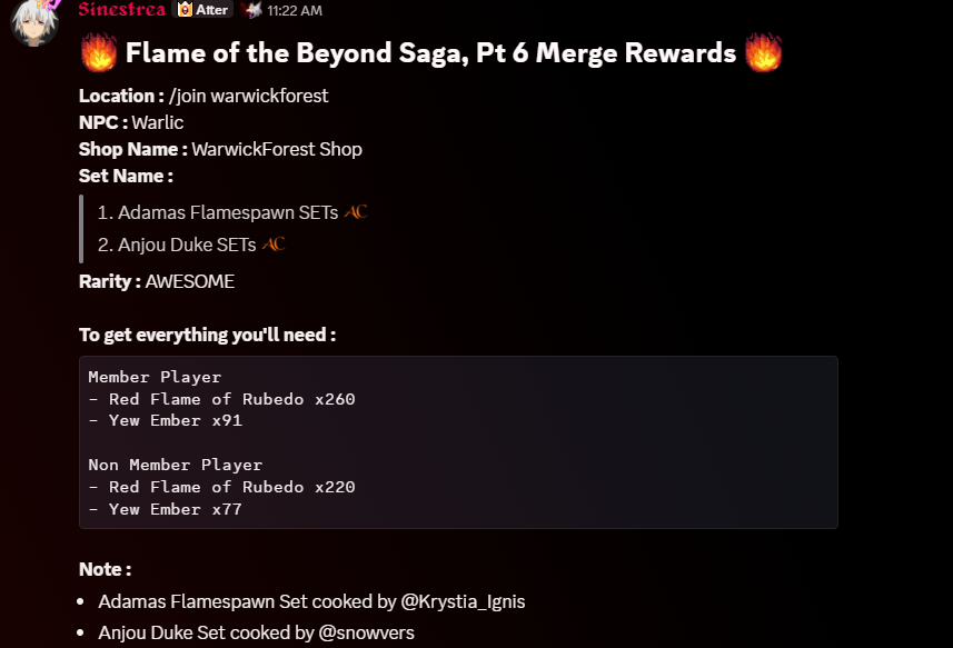 Datenshi6699's tweet image. 🔥 Flame of the Beyond Saga, Pt 6 Merge Rewards 🔥

/join warwickforest &amp;amp; talk to Warlic.

1. Anjou Duke SET by @snowvers 
2. Adamas Flamespawn SET @Krystia_Ignis 

* They're AC TAGGED AWESOME RARITY 

Happy Weekend ^^