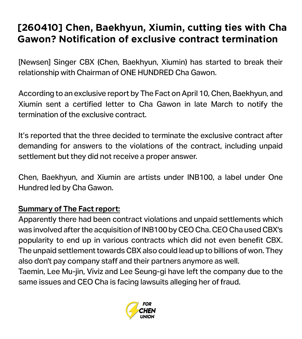 [TRANSLATION] Chen, Baekhyun, Xiumin, cutting ties with Cha Gawon

🔗newsen.com/news_view.php?…
🔗naver.me/x9VJOeDd