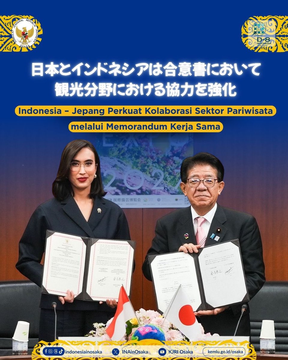 INAinOsaka's tweet image. Minasan, Menteri Pariwisata RI  dan Menteri MLIT Jepang menandatangani Memorandum of Cooperation (MoC) yang sekaligus menjadi landasan kerja sama formal Indonesia dan Jepang di bidang pariwisata (30/3).

Selengkapnya: kem.lu/ParInJp

#IniDiplomasi #RintisKemajuan