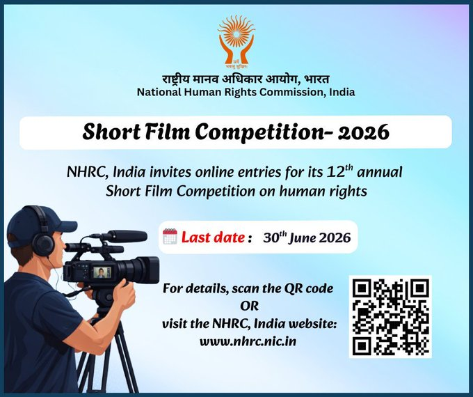 airnews_pune's tweet image. राष्ट्रीय मानवाधिकार आयोगाकडून मानवाधिकार विषयावरील 12व्या वार्षिक लघुपट स्पर्धेसाठी प्रवेशिका मागवण्यात येत आहेत. 

#NHRC #ShortFilm #HumanRights #India
