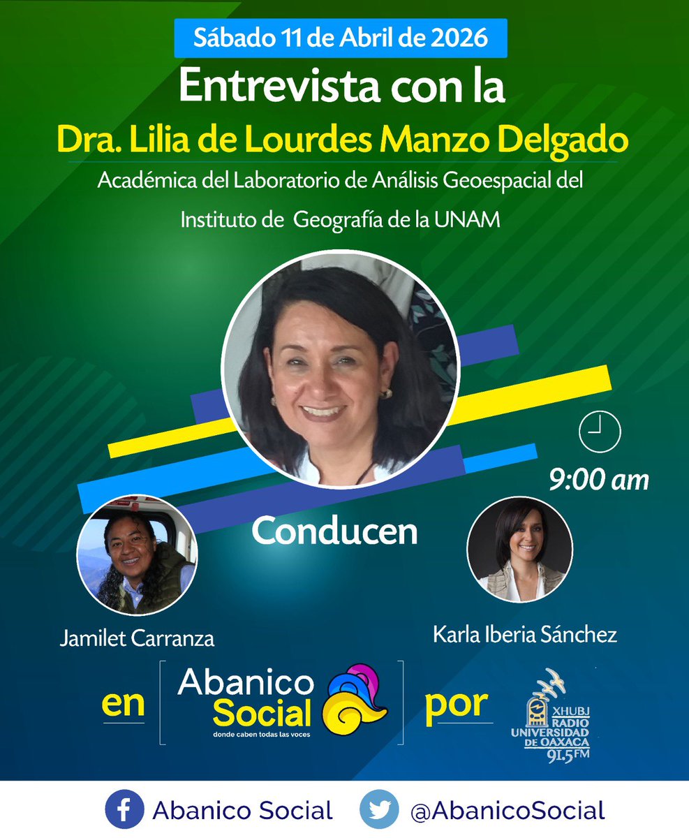 Este sábado, en <a href="/AbanicoSocial/">Abanico Social</a>, nos acompañará la Dra. Lilia de Lourdes Manzo Delgado, académica del Laboratorio de Análisis Geoespacial del <a href="/IGeografiaUNAM/">Instituto de Geografía UNAM</a>. Conversaremos sobre los #IncendiosForestales y su impacto.
91.5 FM Radio Universidad de #Oaxaca y #FacebookLive.