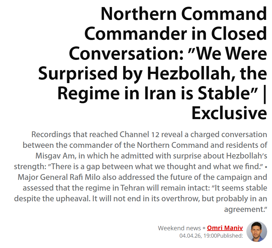 ireallyhateyou's tweet image. In a conversation with residents of an Israeli border settlement, Rafi Milo, commander of the IDF's Northern Command, admitted that Israel was surprised by Hezbollah's capabilities.