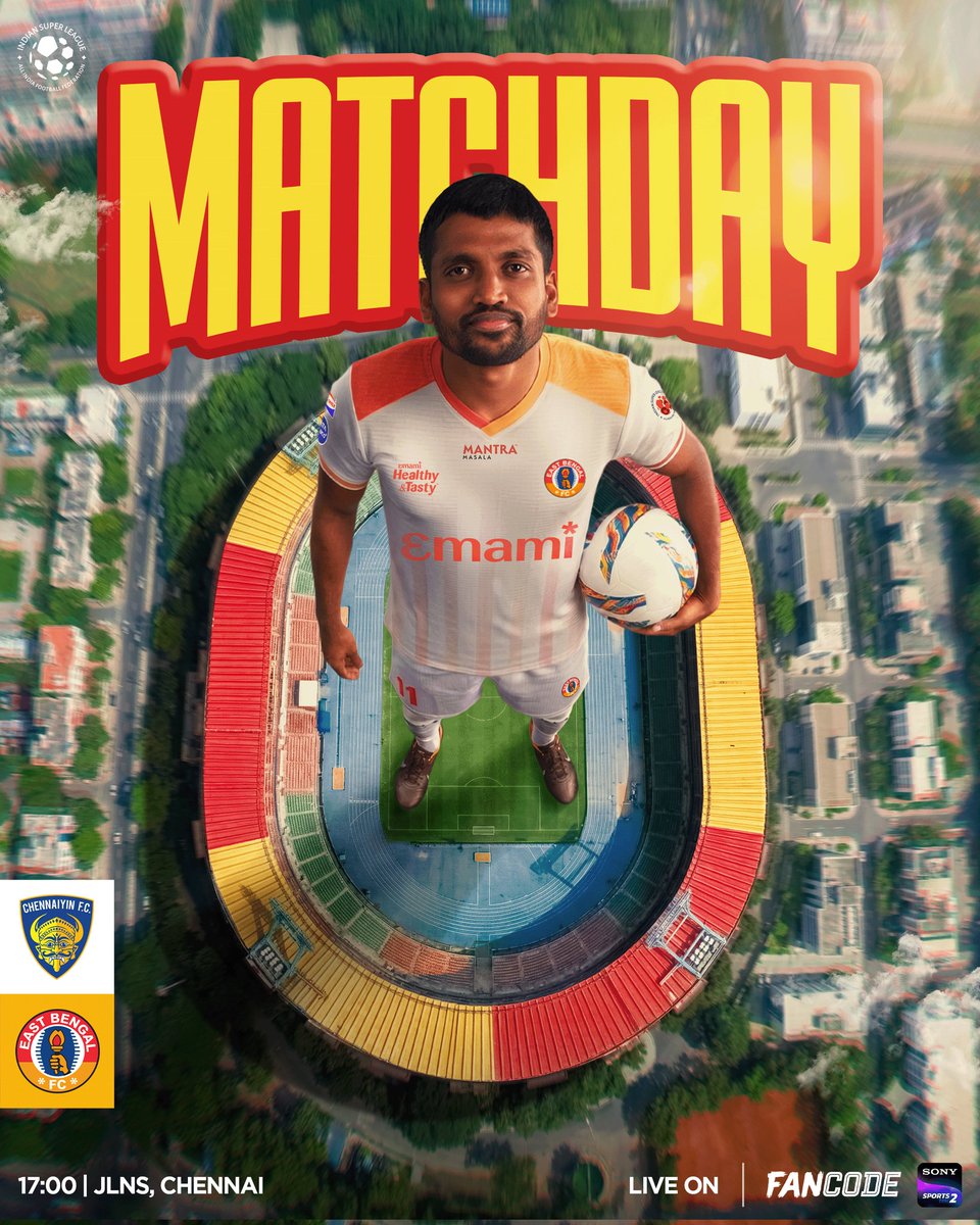 It's matchday 7️⃣ and our first away game of #ISL12 💪🔴🟡

🆚 Chennaiyin FC 
🏟️ JLNS, Chennai 
⏰ 5 PM
📺 Live on <a href="/FanCode/">FanCode</a> &amp; Sony Sports Ten 2

#JoyEastBengal #CFCEBFC